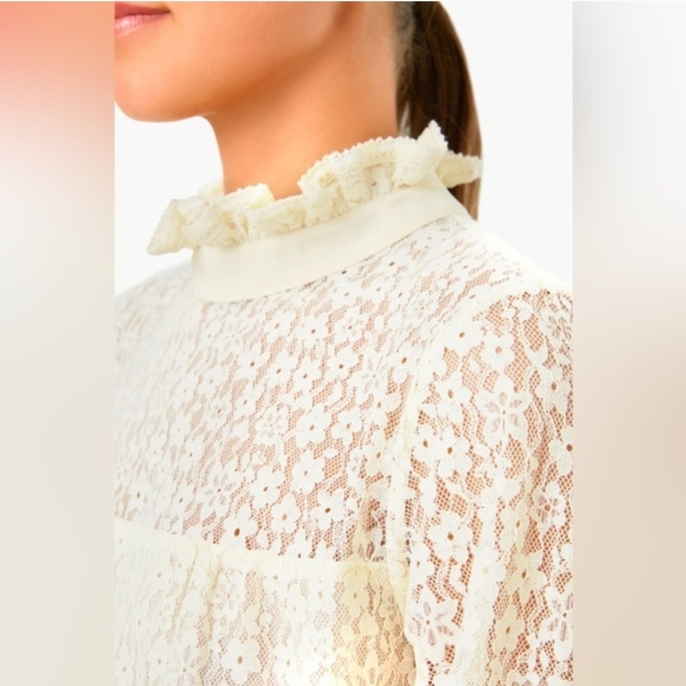 Tuckernuck High Neck Long Sleeve Cream Lace Rosalee Blouse XL - Picture 12 of 12